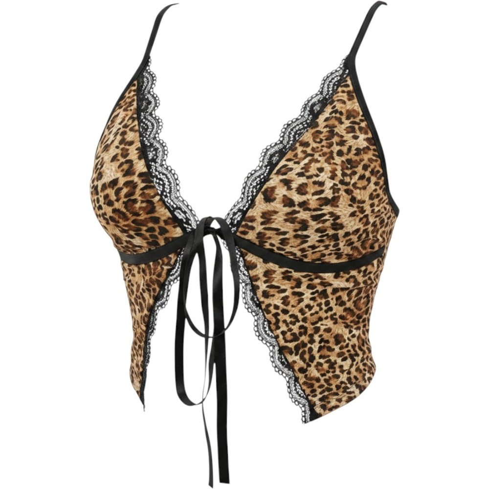 New XS Leopard Print Cami Crop Top Tassel Tie Slit Hem Sexy Going Out Y2K